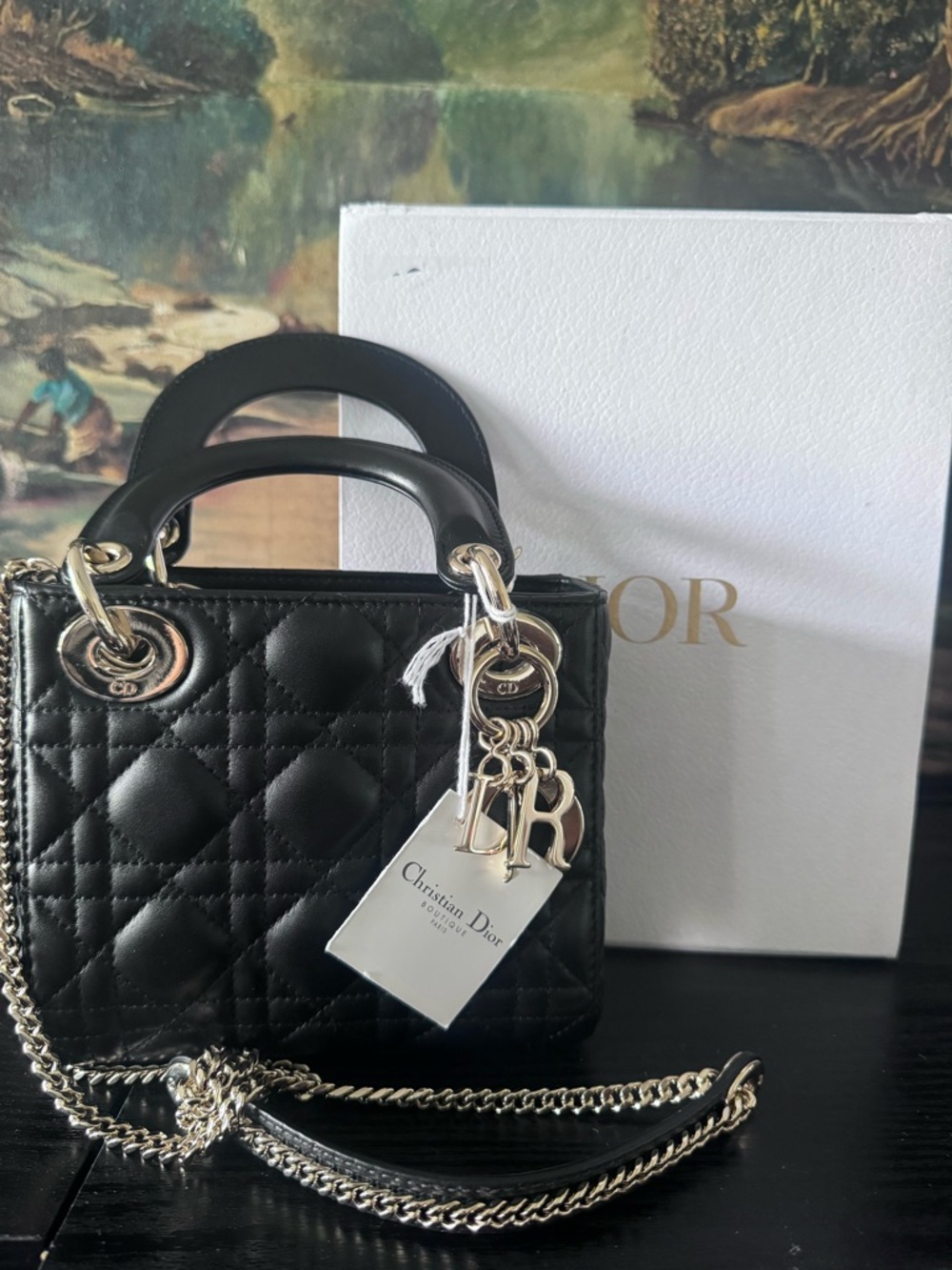 Dior Lady Dior Black Quilted Leather Mini Top-Handle Bag with Silver Hardware